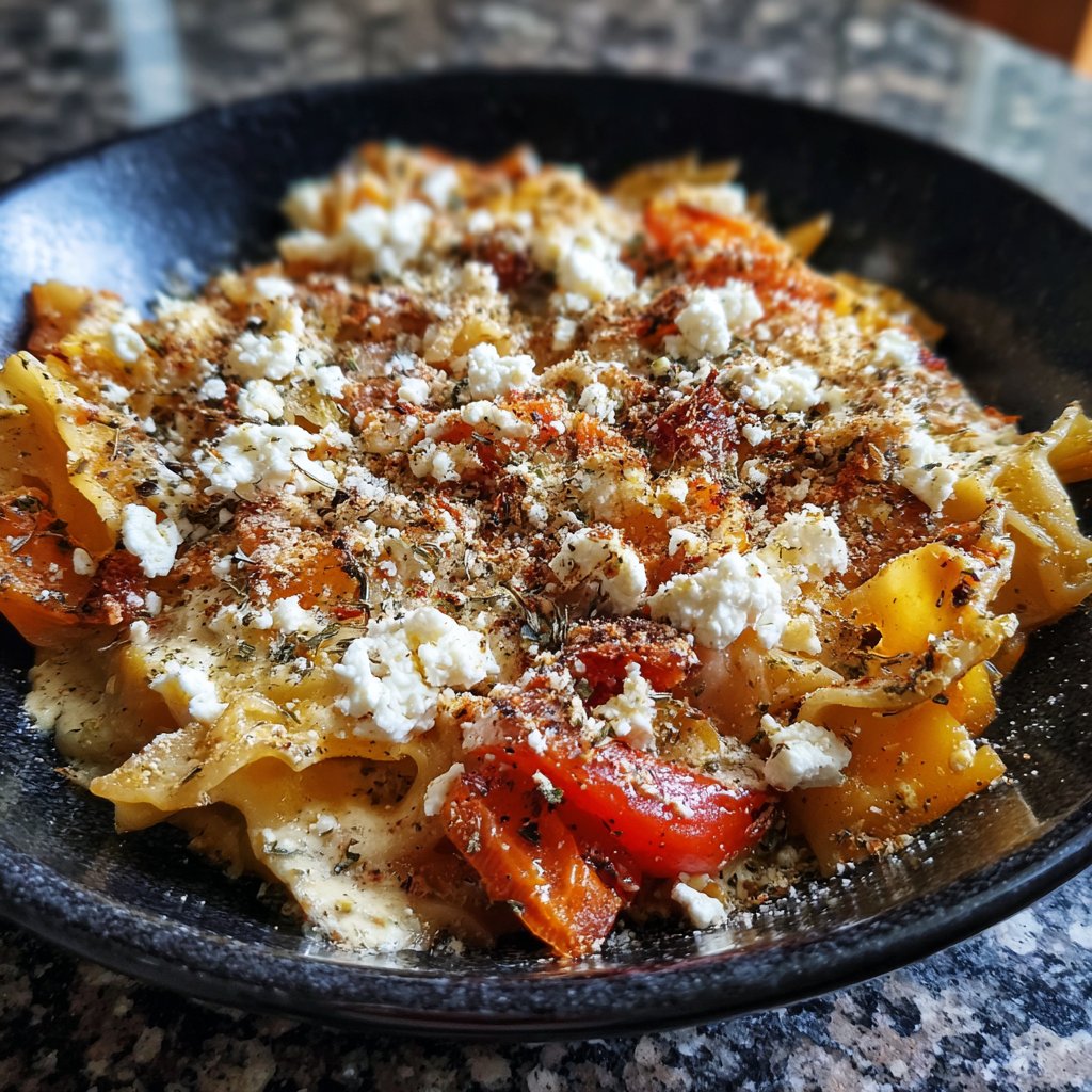 Vegetarischer Nudelauflauf mit Paprika und Feta