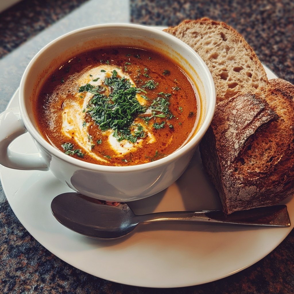 Abendessen mit Suppe und Brot